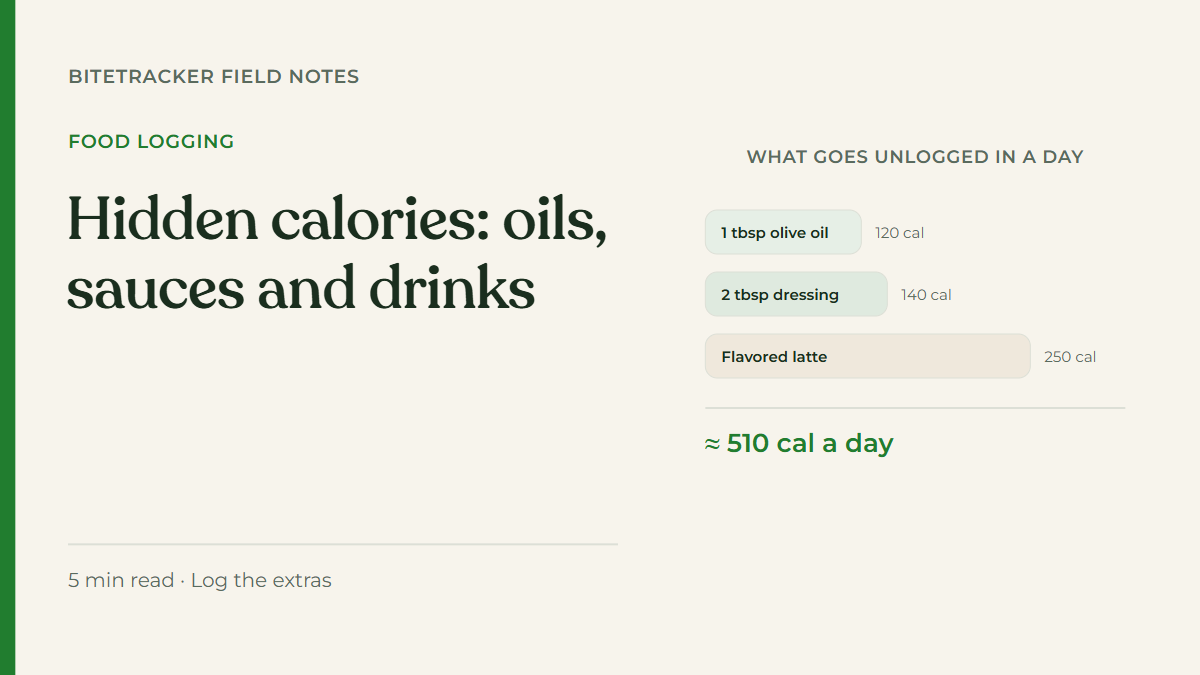 List of unlogged extras: olive oil 120, dressing 140 and a flavored latte 250 calories, about 510 a day