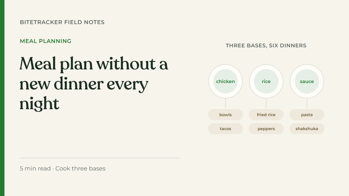 Three bases, chicken, rice and sauce, each branching into two dinners such as bowls, tacos, fried rice and shakshuka
