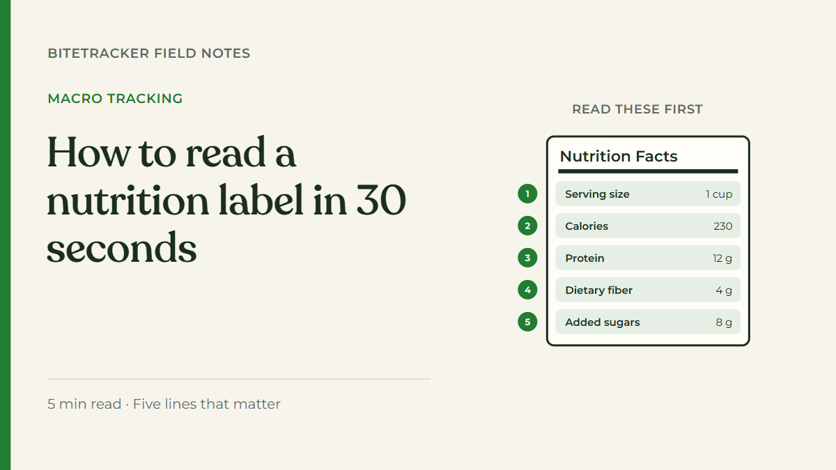 Simplified Nutrition Facts panel with serving size, calories, protein, fiber and added sugars numbered 1 to 5