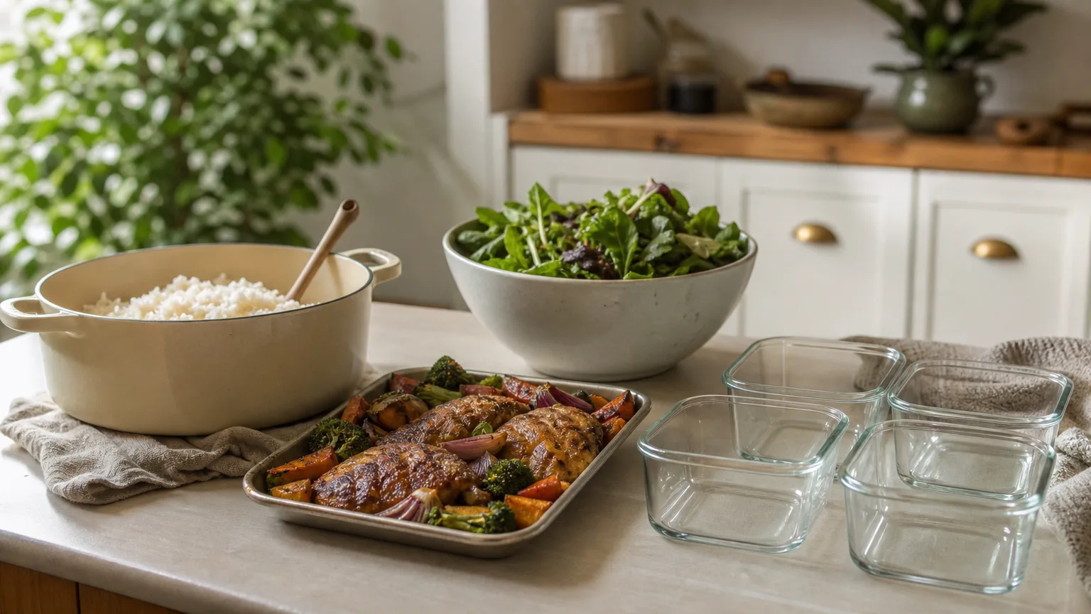 A kitchen counter with rice, roasted chicken and vegetables, salad greens and four empty lunch containers