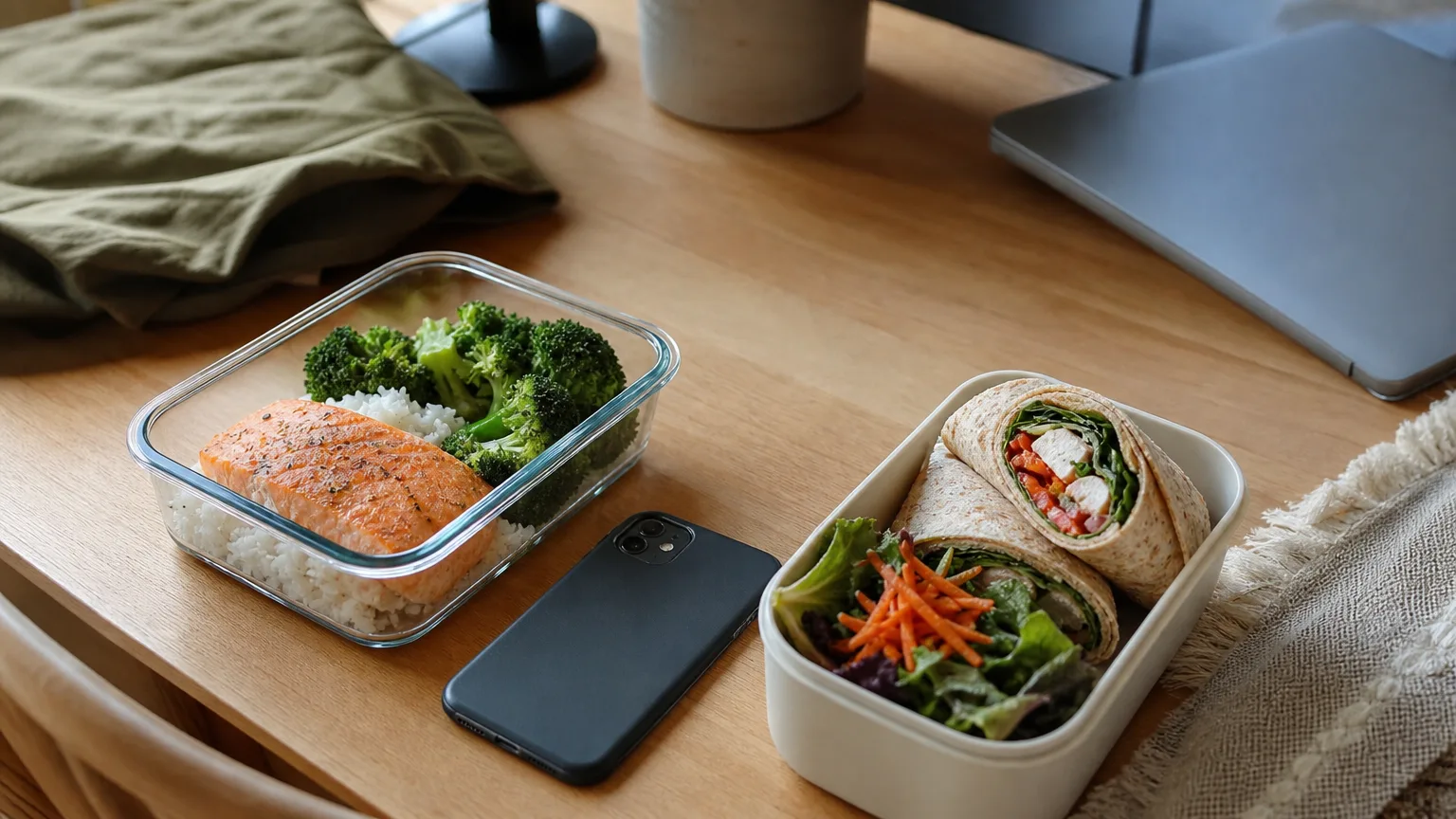Two packed lunches, salmon with rice and a halved wrap with salad, with a phone face down between them