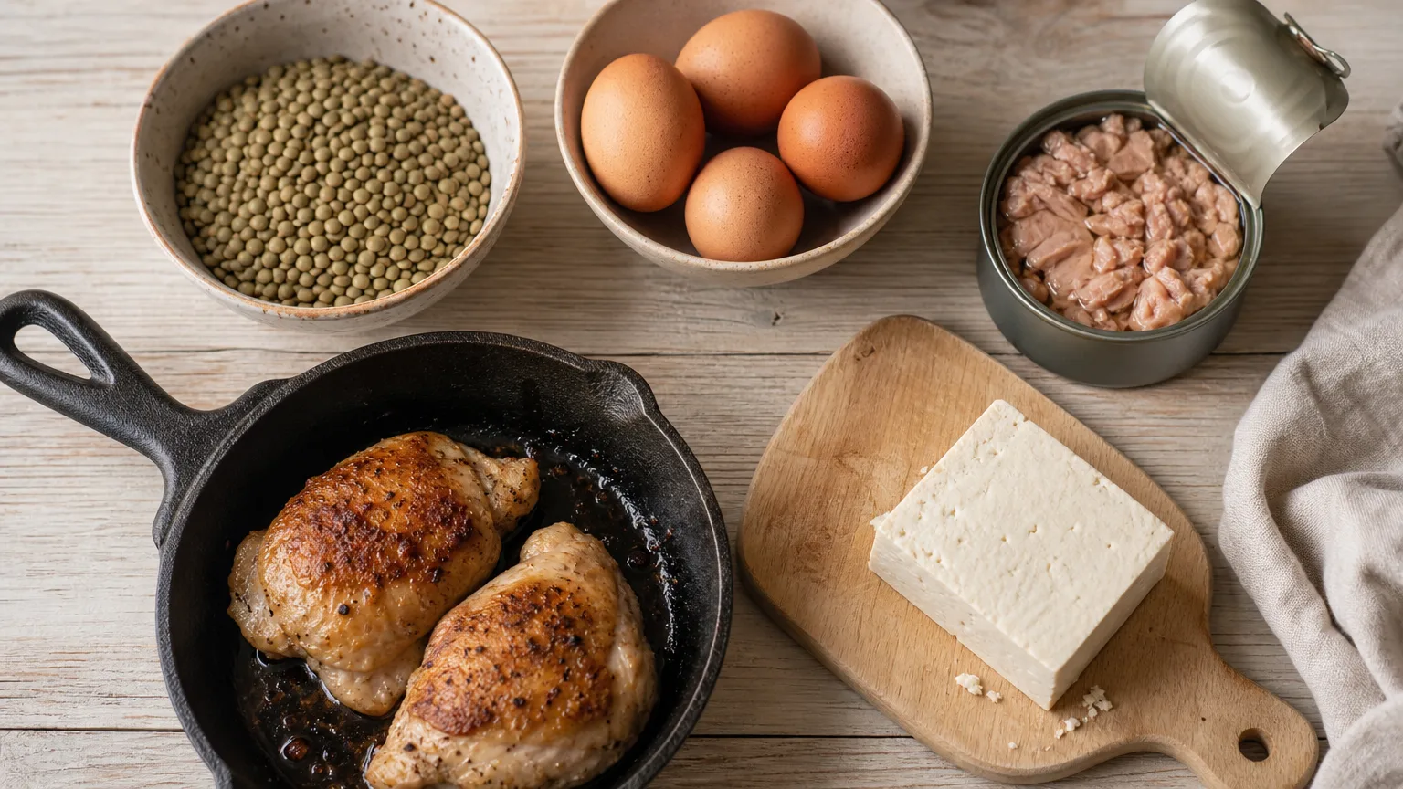 Lentils, eggs, canned tuna, seared chicken thighs and tofu on a wooden table