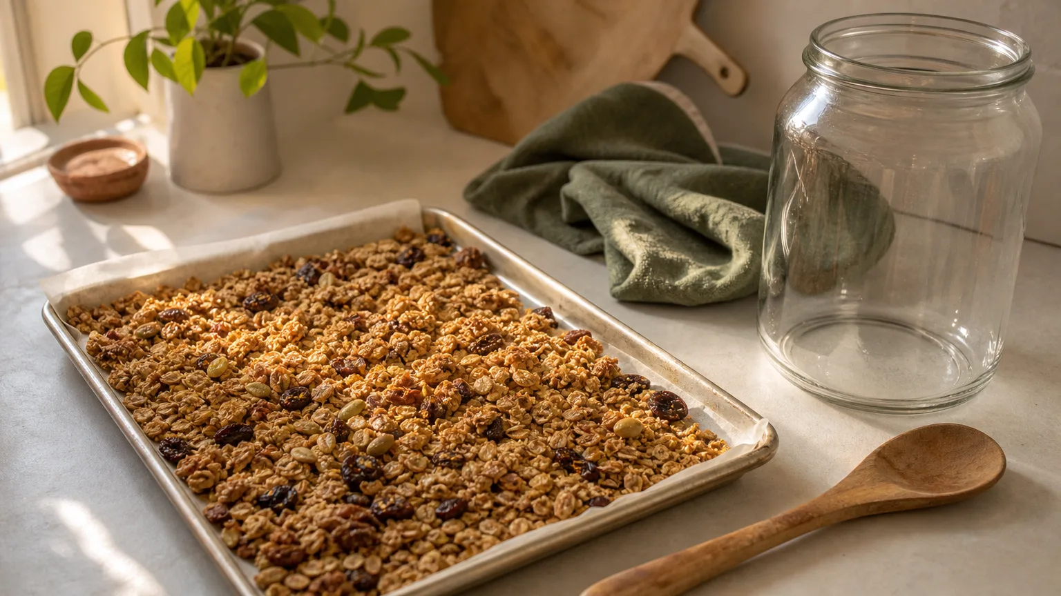 A sheet pan of homemade granola cooling next to a large glass jar and a wooden spoon