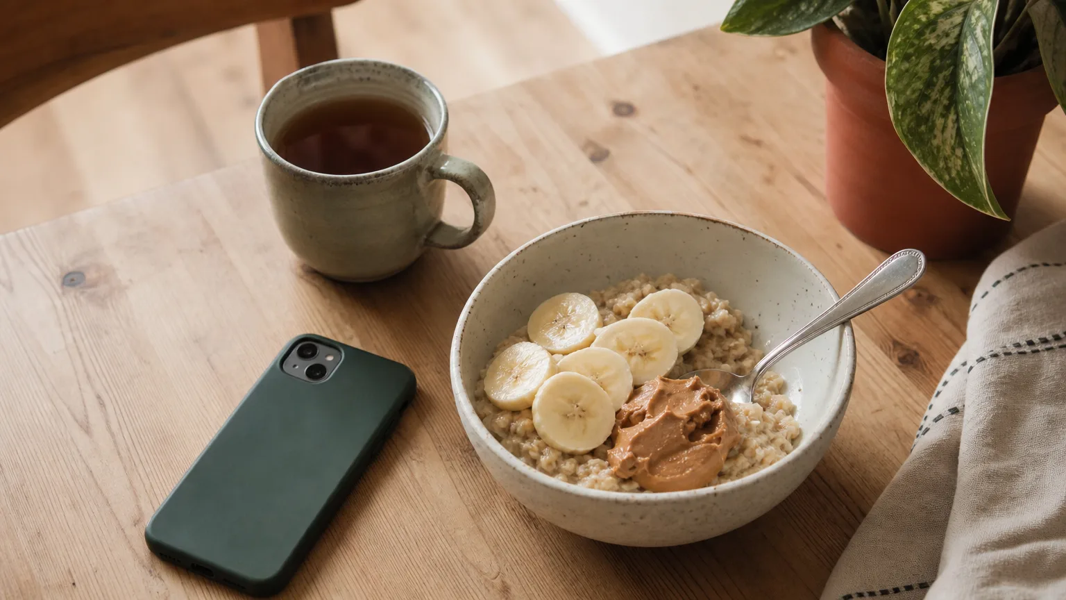 A bowl of oatmeal with banana and peanut butter, a mug of tea and a phone lying face down