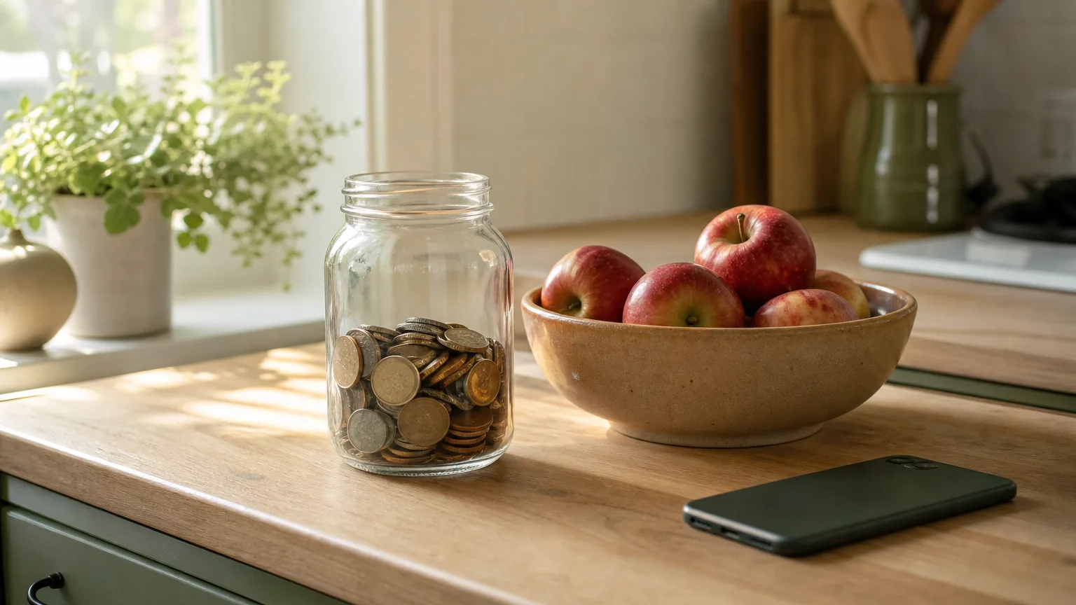 A kitchen counter with a glass jar of coins, a bowl of apples and a phone lying face down