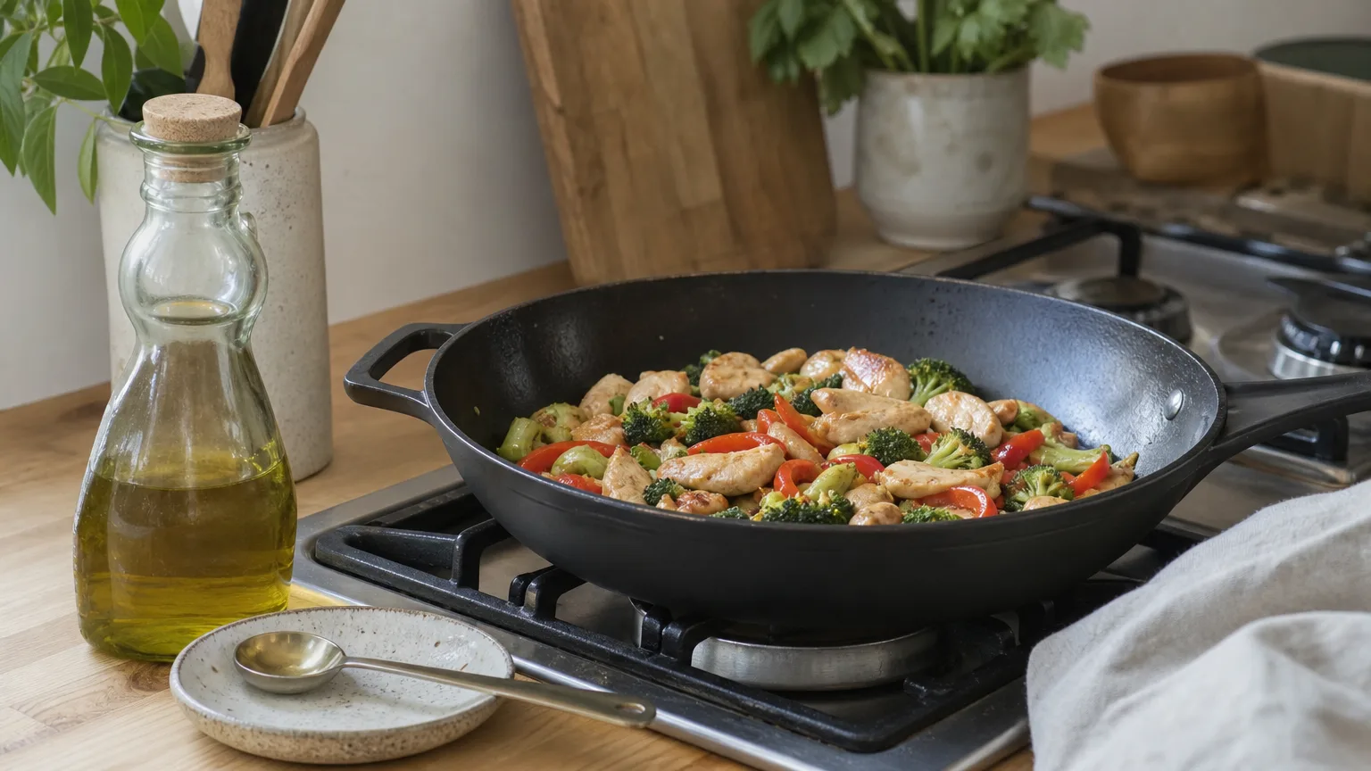 A skillet of chicken stir-fry on the stove beside a bottle of olive oil and a measuring spoon