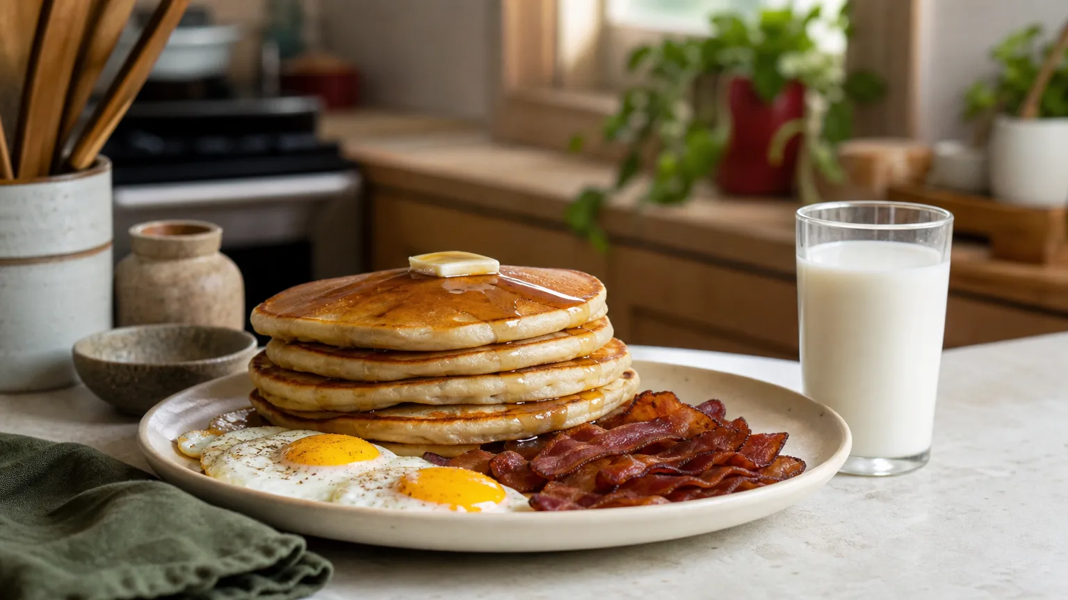 An oversized plate of pancakes with syrup, fried eggs and bacon next to a tall glass of milk