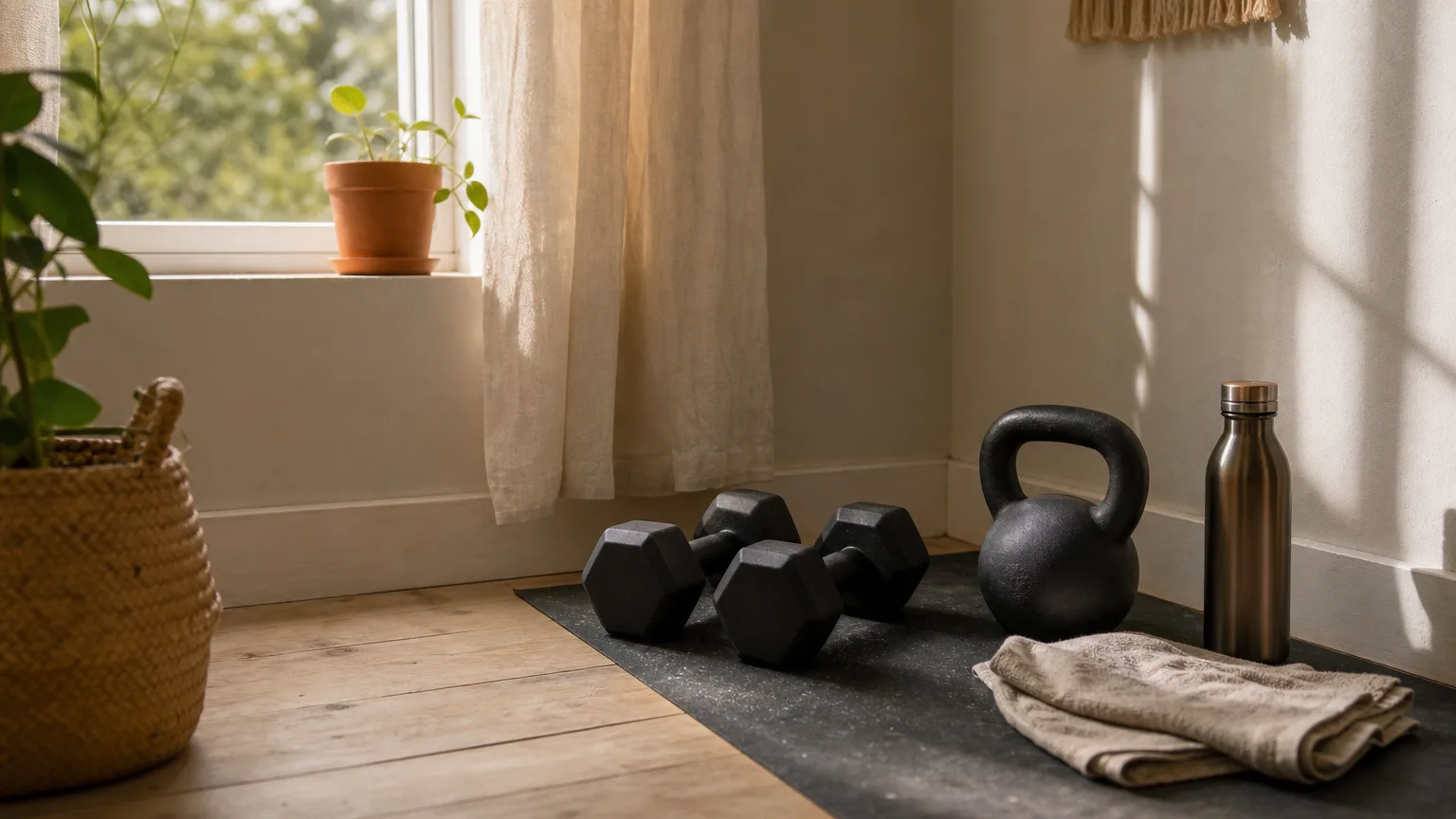 Dumbbells and a kettlebell on a rubber mat in a sunlit room, with a water bottle and a towel