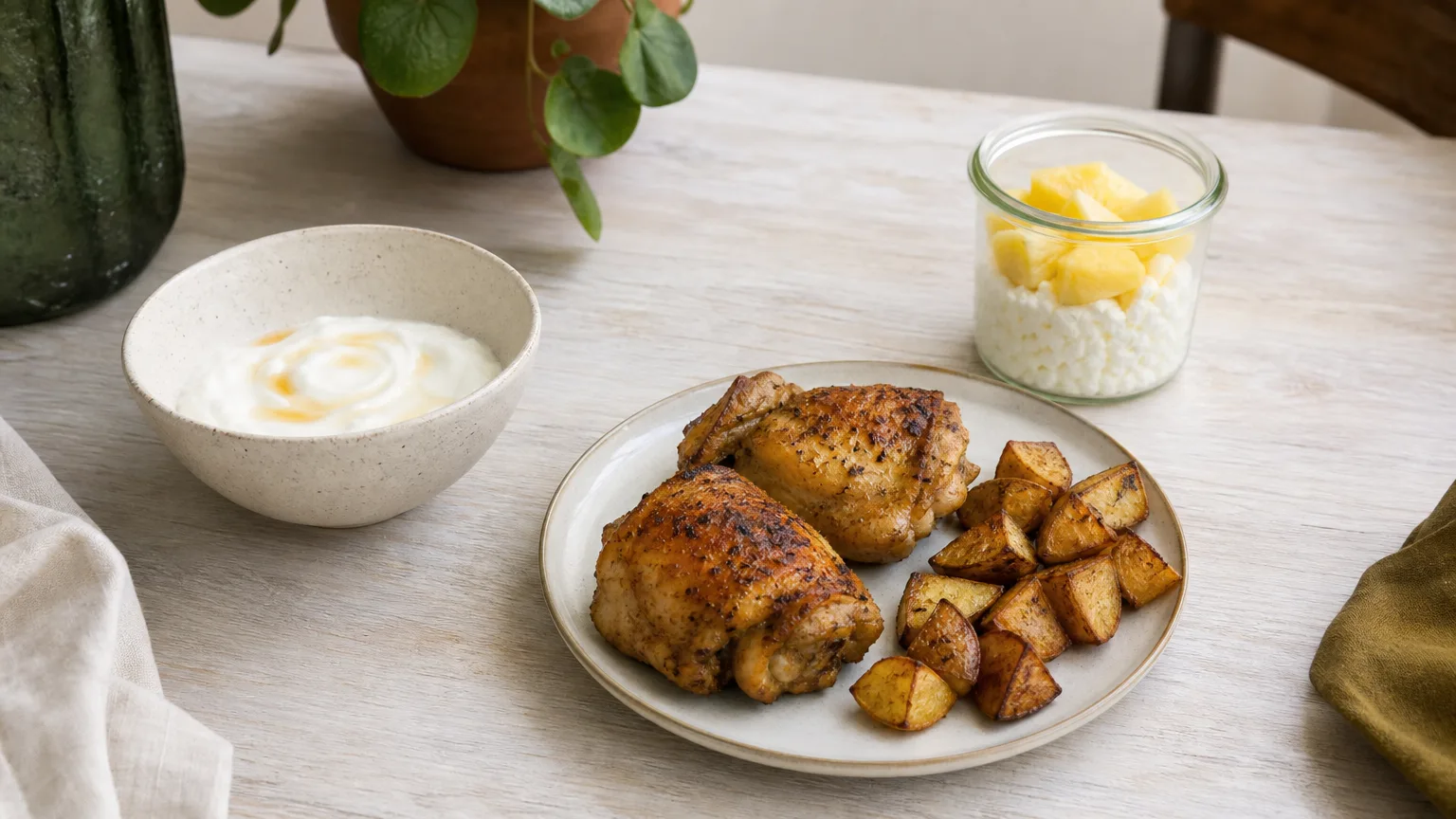Chicken thighs with roasted potatoes, a bowl of Greek yogurt and a jar of cottage cheese with pineapple