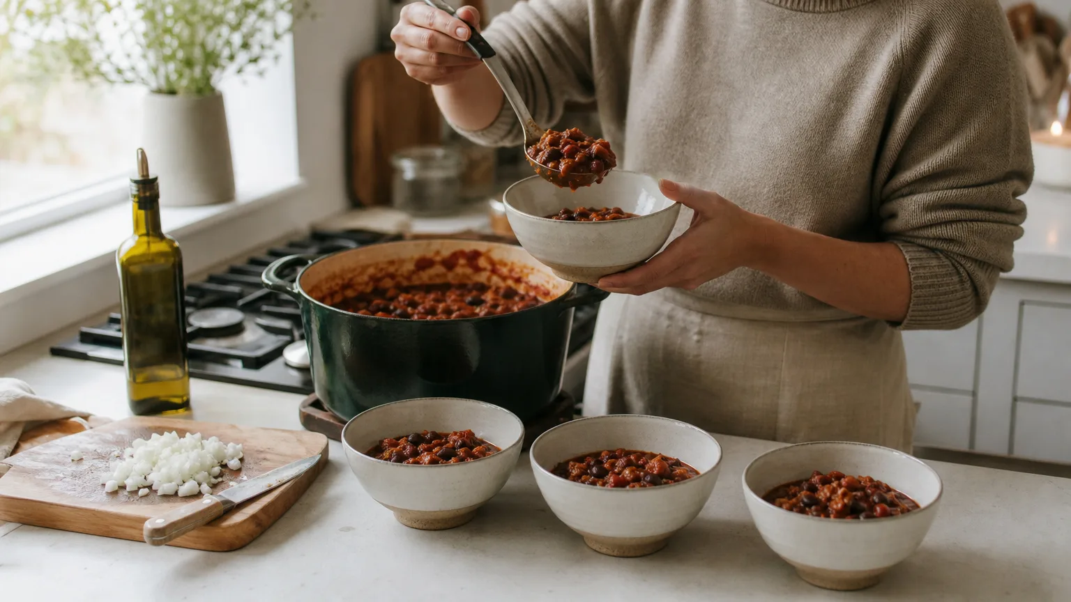 Homemade chili ladled from a pot into four matching bowls