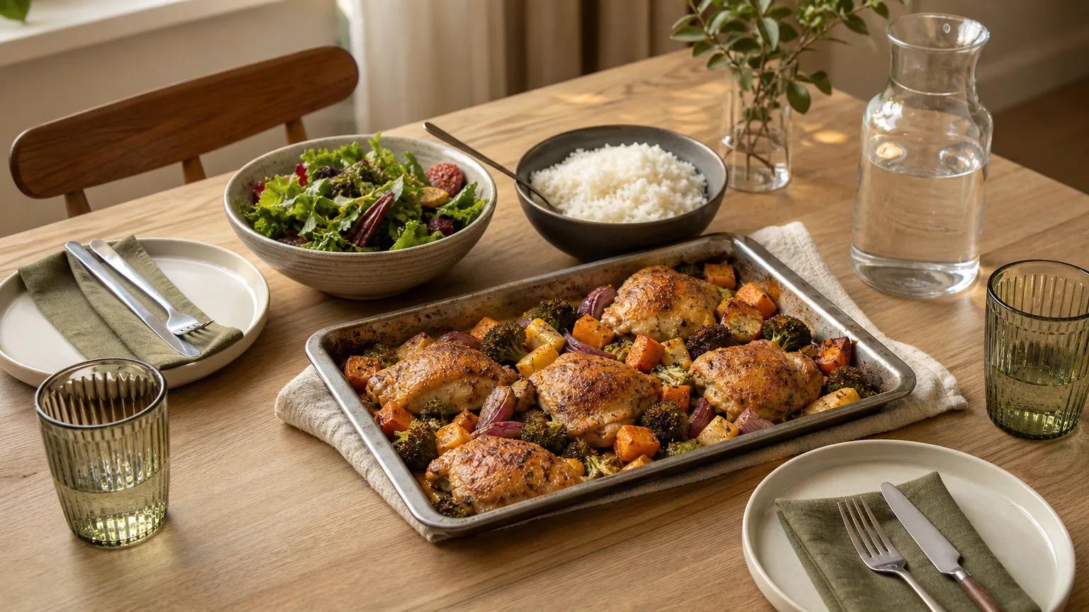 A weekday dinner table for two with a sheet pan of roast chicken and vegetables, rice, a green salad and a jug of water