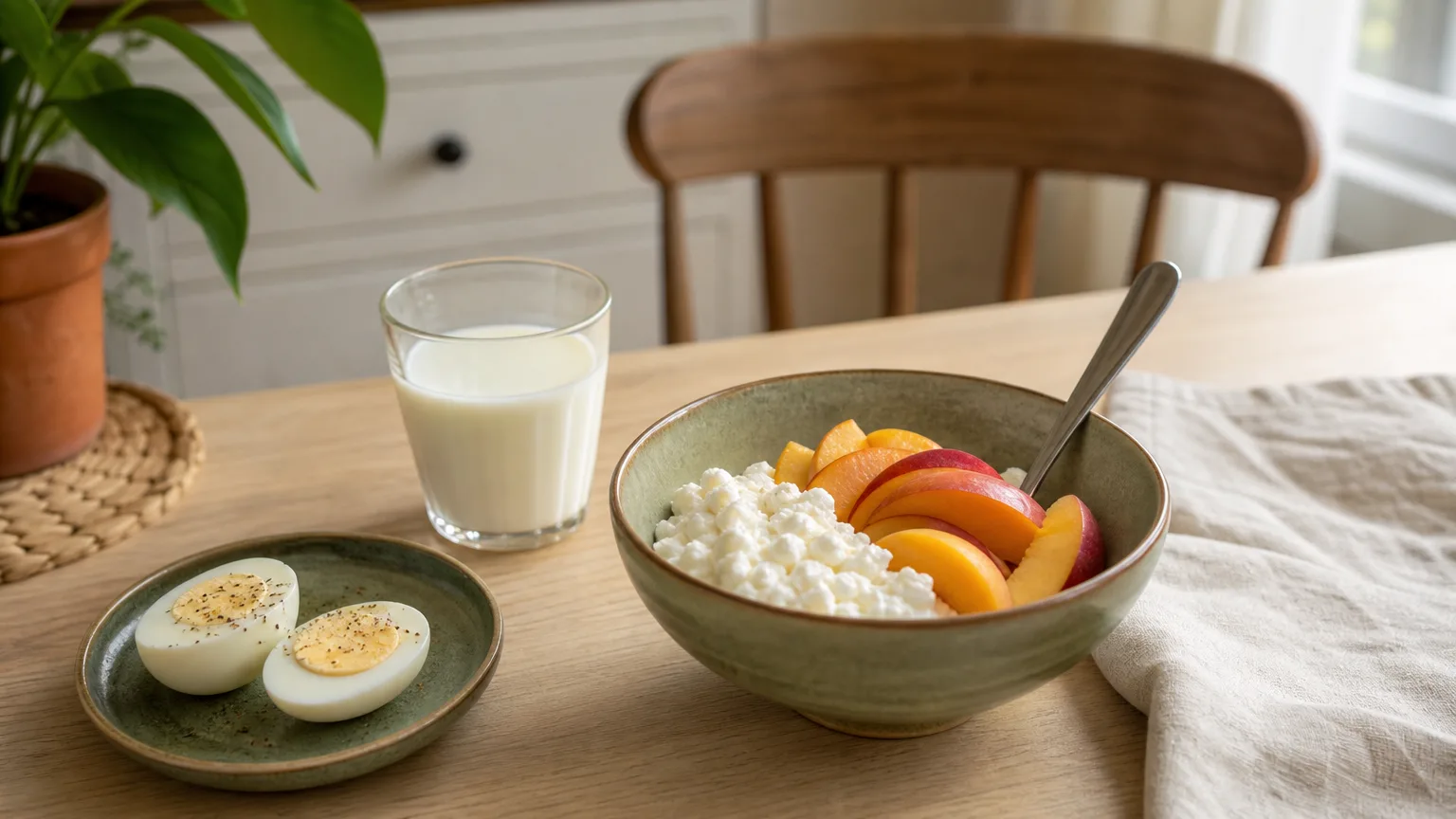 A snack of cottage cheese with peaches, a halved boiled egg and a glass of milk