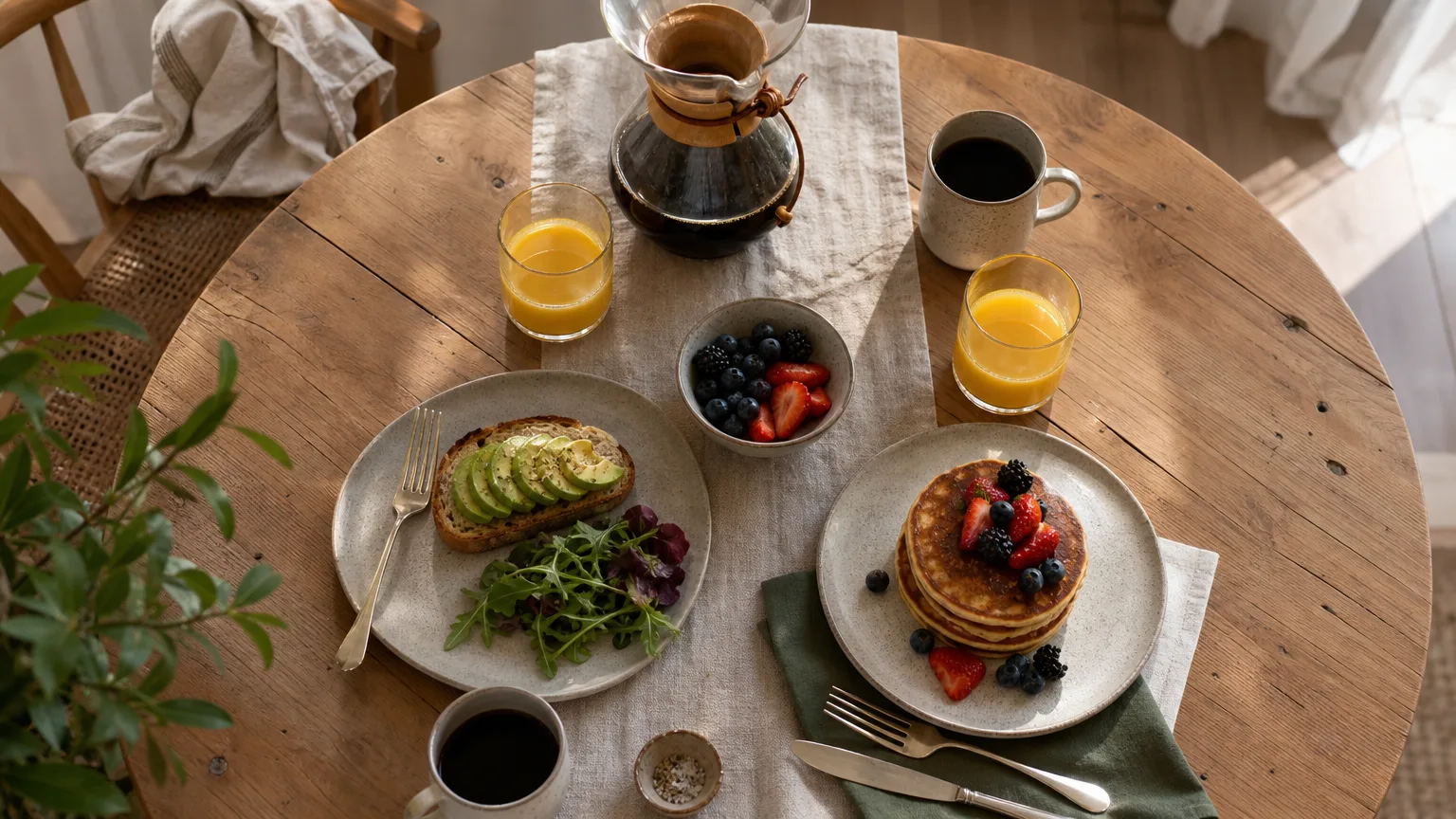Weekend brunch table with avocado toast, pancakes, berries and coffee