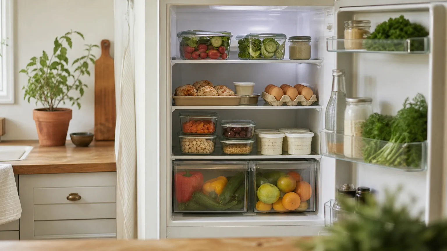 An open fridge neatly stocked with vegetables, cooked chicken, eggs and yogurt