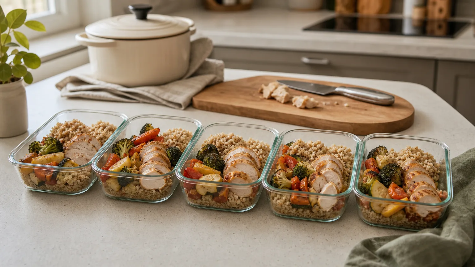 Five glass meal-prep containers of grains, roasted vegetables and chicken on a counter