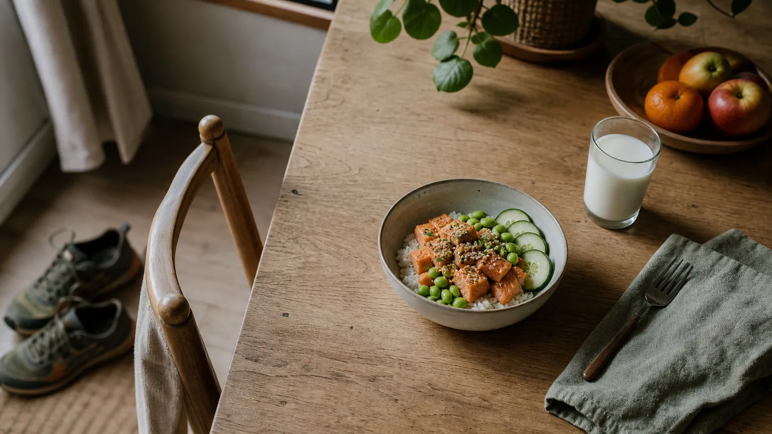 A bowl of rice with salmon, edamame and cucumber, a glass of milk, and trail shoes on the floor beside the table