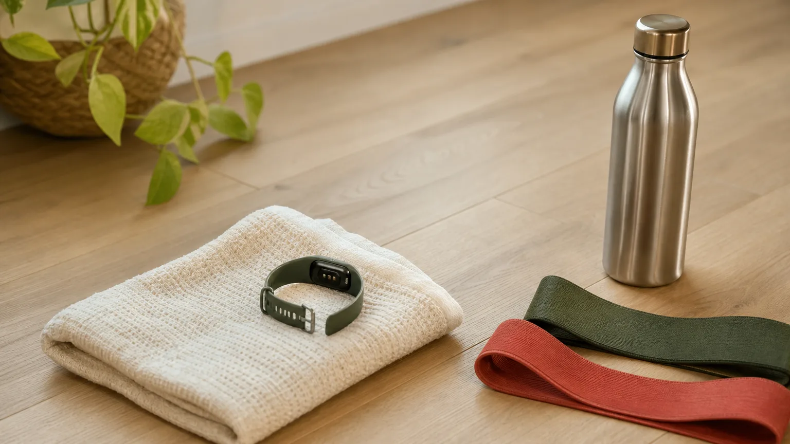 A fitness watch face down on a folded towel next to a water bottle and resistance bands