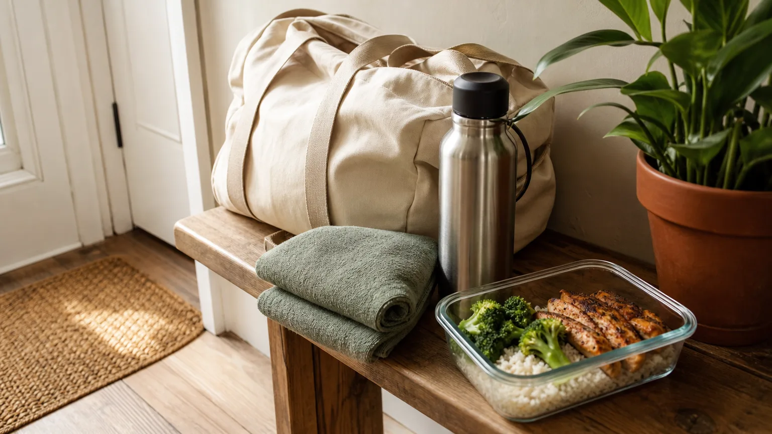 A gym bag on a bench with a water bottle, a towel and a packed lunch of rice, chicken and broccoli