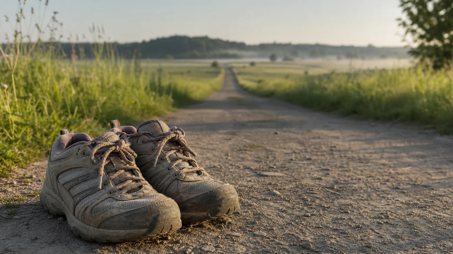 Worn walking shoes at the start of a long, flat country path at sunrise