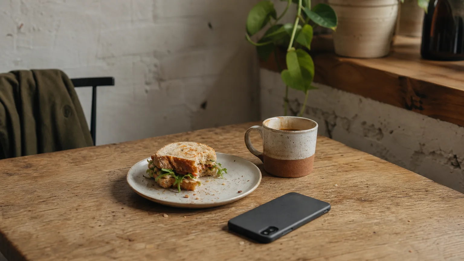 A half-eaten sandwich and coffee next to a face-down phone on a cafe table