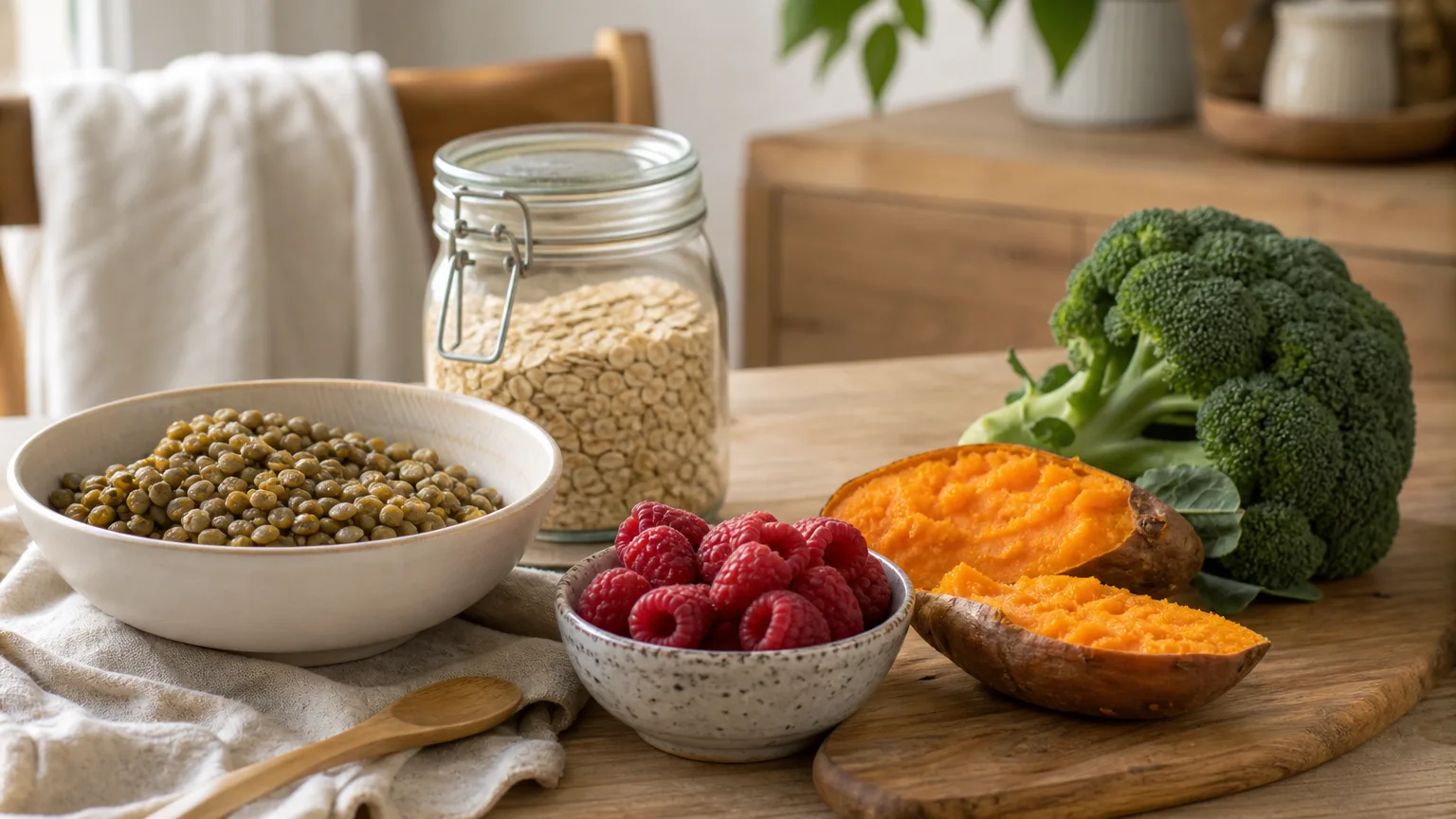A bowl of lentils, a jar of oats, raspberries, a halved sweet potato and a head of broccoli on a table