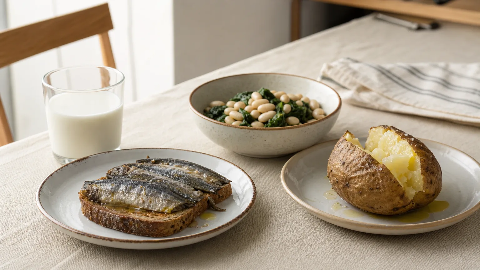 A glass of milk, sardines on toast, white beans with spinach and a baked potato on a kitchen table