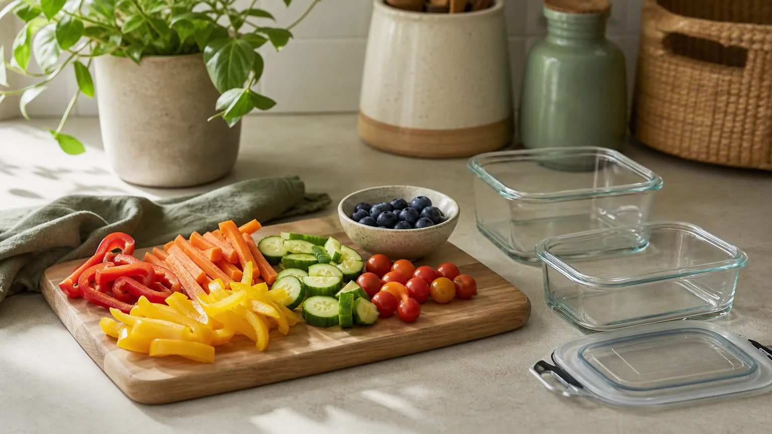 A board of sliced peppers, carrots, cucumber, cherry tomatoes and blueberries prepared for the week