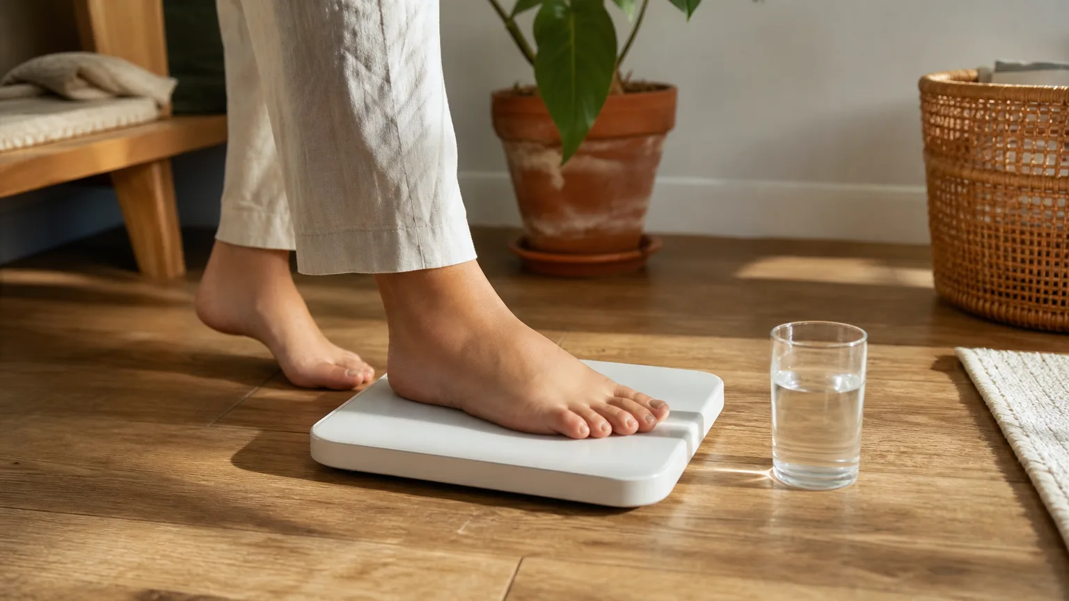 Bare feet stepping onto a bathroom scale beside a glass of water
