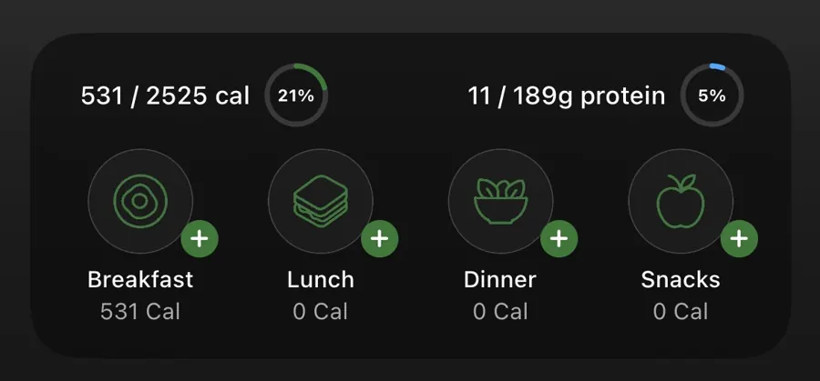 iPhone lock screen showing the BiteTracker Live Activity with calories, protein and one-tap meal buttons